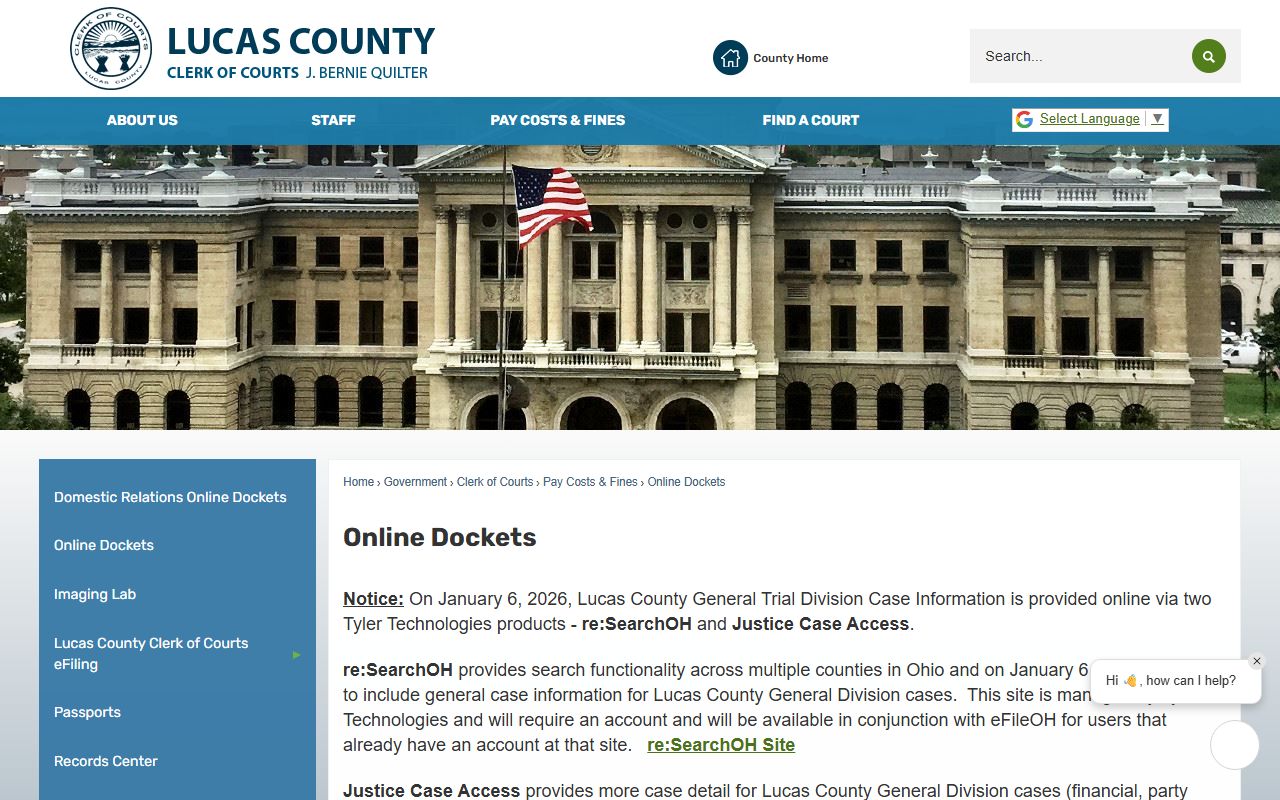 Lucas County court records online docket page after jail arrest