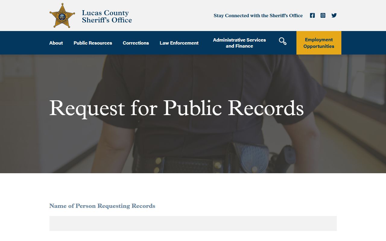 Lucas County Sheriff records request form for inmate booking records
